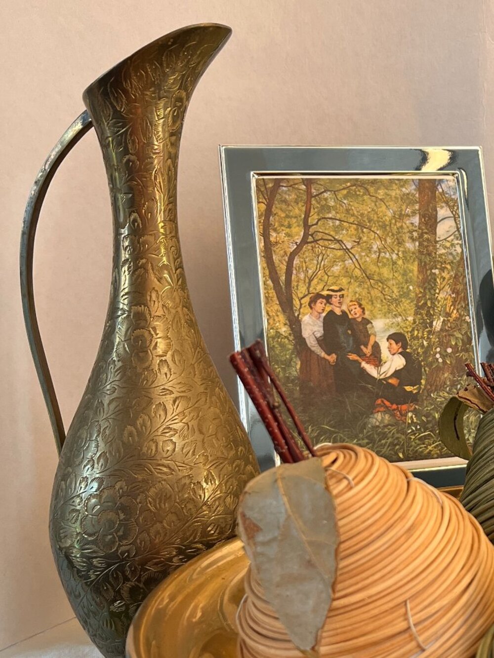 Vintage Hand Crafted in India Large Brass Engraved Handled Vase Pitcher Cruet